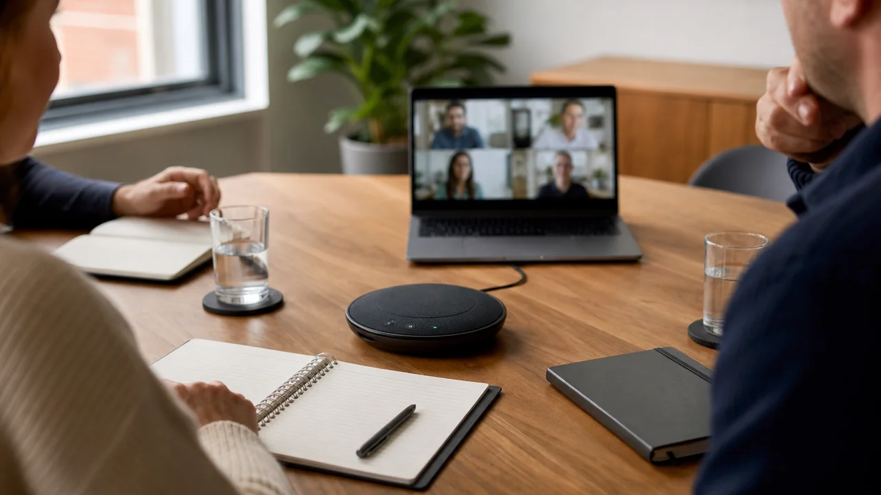Conference speakerphone centered on a small meeting room table beside notebooks and a laptop